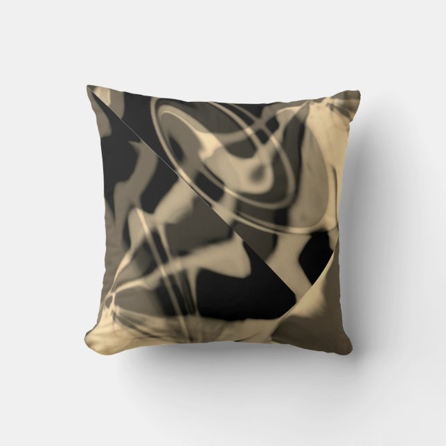Taupe Cream on Black Diagonal Swirls Abstract Art Cushion (Front)