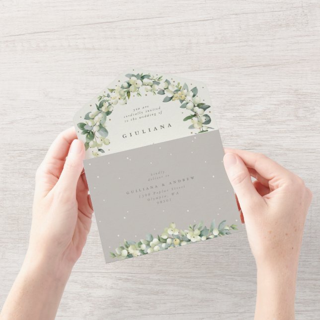 Taupe/Cream Snowberry+Eucalyptus Winter Wedding All In One Invitation (Opening)