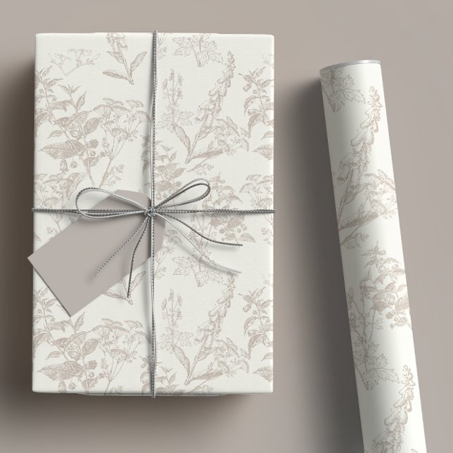 Taupe & Cream Tonal Wildflower Flower Line Art  Wrapping Paper Sheet (Creator Uploaded)