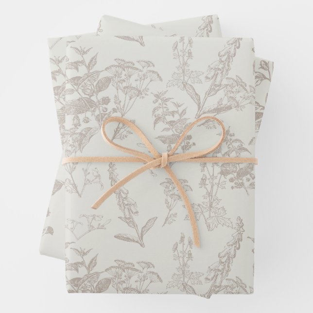 Taupe & Cream Tonal Wildflower Line Art  Wrapping Paper Sheet (In situ)