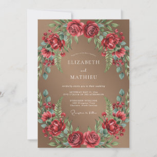Taupe Crimson Ranunculus Muted Eucalyptus Wedding Invitation