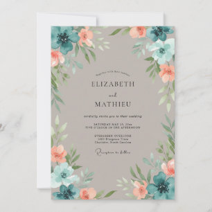 Taupe Cyan Leafy Wedding Invitation