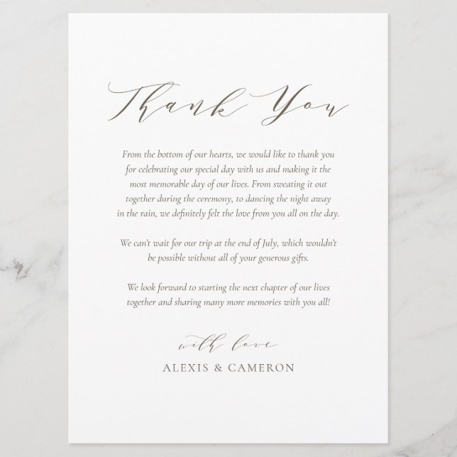 Taupe Dainty Script Wedding Thank You Card (Front)