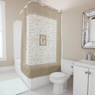Taupe damask and scalloped borders, monogram shower curtain
