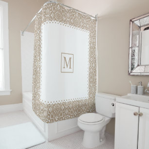Taupe damask pattern white frame and monogram shower curtain