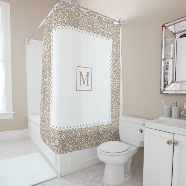 Taupe damask pattern white frame and monogram shower curtain (In Situ)