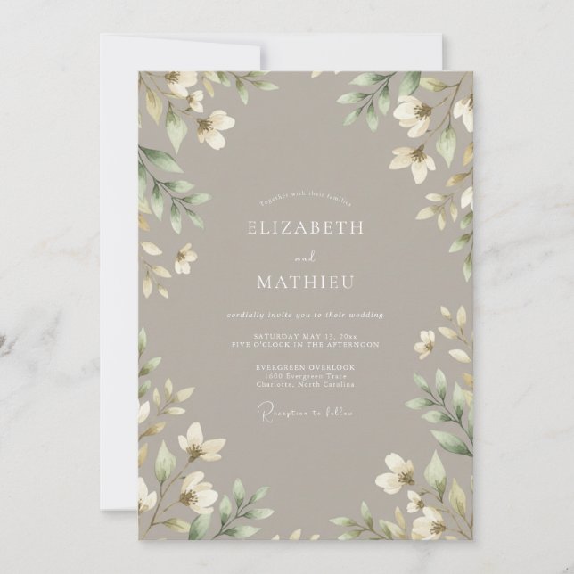 Taupe Delicate Botanical Wedding Invitation (Front)