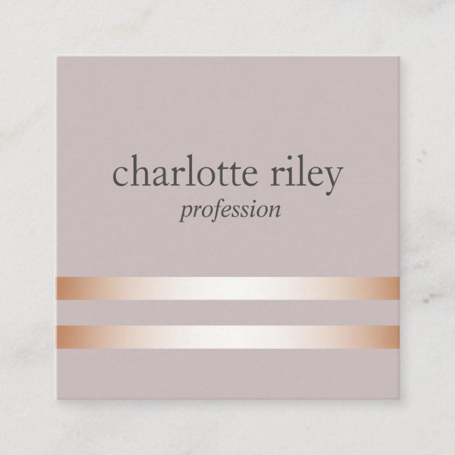 Taupe | Double Rose Gold Stripes Stylish Square Business Card (Front)
