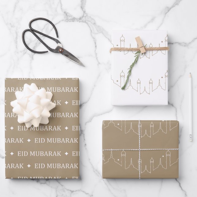 Taupe Eid Mubarak Masjid Pattern Design Wrapping Paper Sheet (Front)
