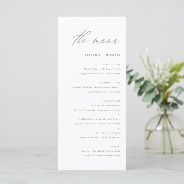 Taupe Elegant Calligraphy Wedding Menu (Standing Front)