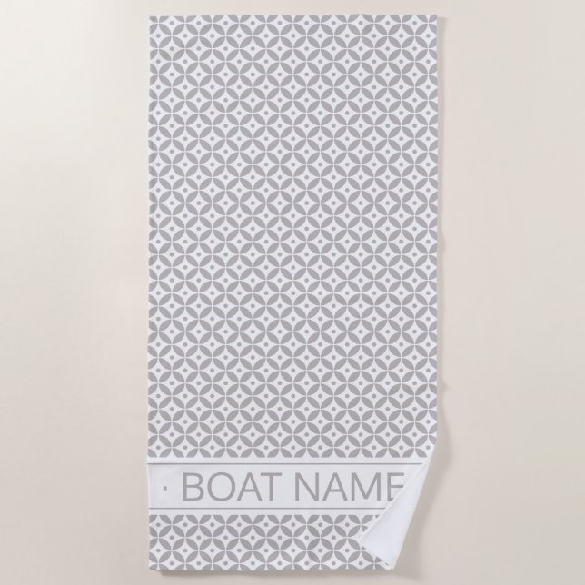 Taupe Elegant Geometric Pattern Custom Boat Name Beach Towel (Front)