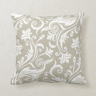 Taupe Elegant Vintage Damask Pattern Cushion
