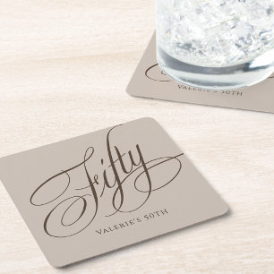 Taupe Espresso Calligraphy Script 50th Birthday Square Paper Coaster