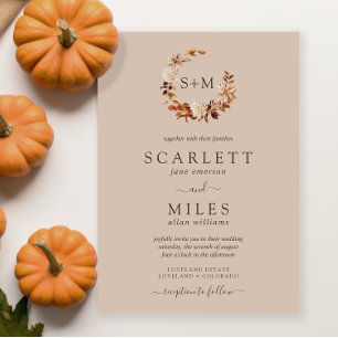 Taupe Fall Terracotta Monogram Wreath Wedding Invitation
