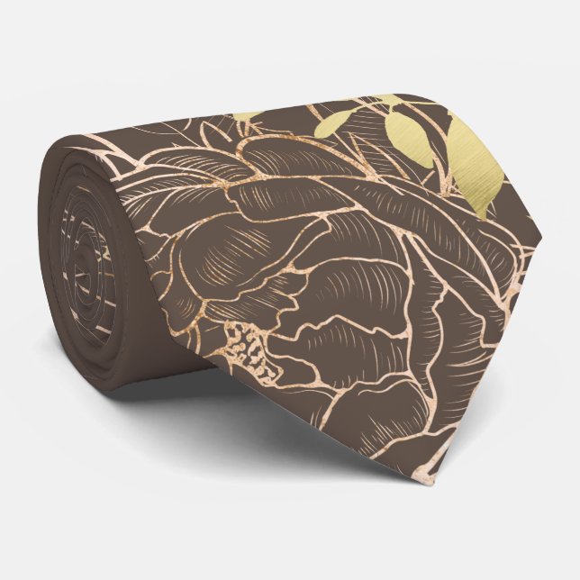 Taupe & Faux Gold Peony Modern Floral Wedding Tie (Rolled)