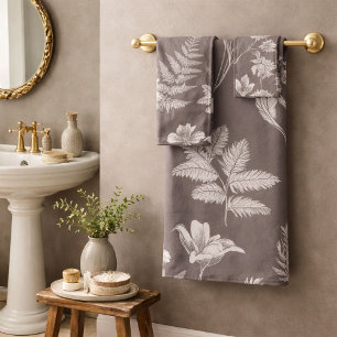 Taupe Ferns Flowers Botanical Pattern Bath Towel Set