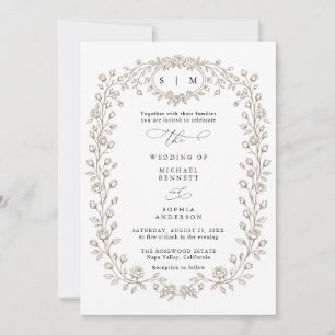 Taupe Floral Line Art Wedding Invitation