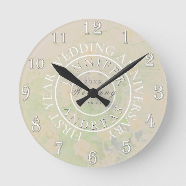 Taupe/Floral Medalion 1st Year Wedding Anniversary Round Clock (Front)