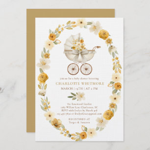 Taupe Floral Pram Baby Shower Invite