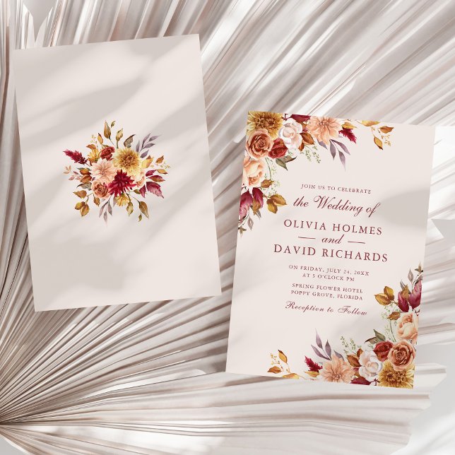Taupe Floral Wedding Elegant Neutral Boho Invitation (Boho Modern Burnt Orange Terracotta Floral Wedding on a sunny white dry palm leaf.)