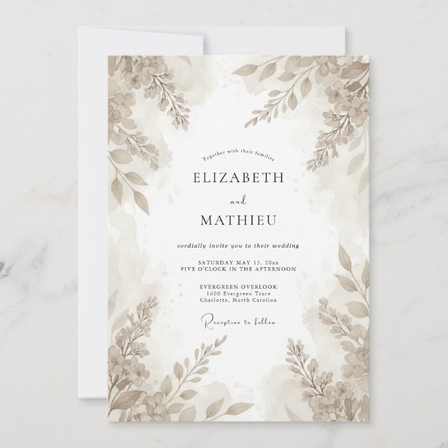 Taupe Foliage Eucalyptus Wedding Invitation (Front)