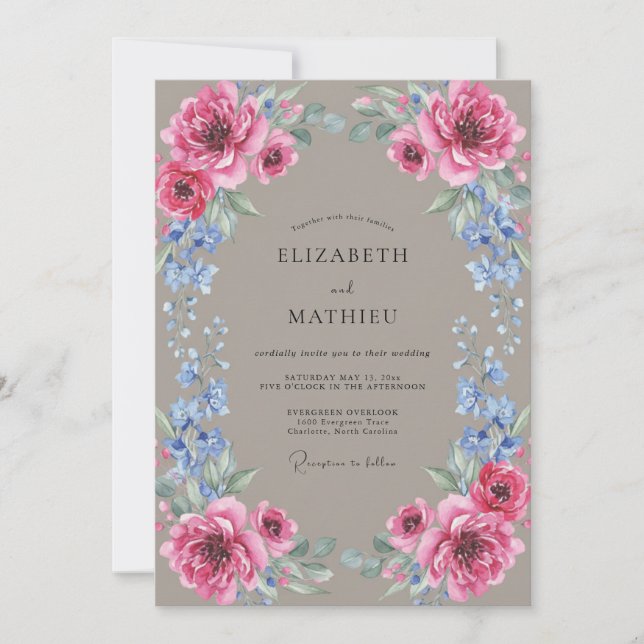 Taupe Fuchsia Ranunculus Eucalyptus Wedding Invitation (Front)