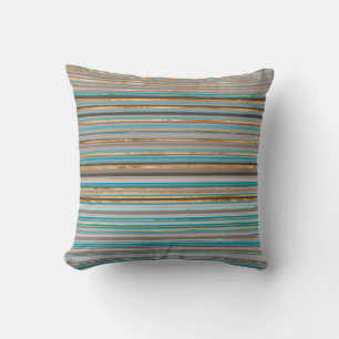 Taupe, gold and teal stripes cushion