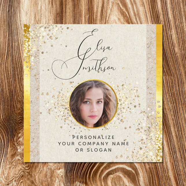  Taupe Gold Calligraphy Social Media QR Code Photo Square Business Card (Creator Uploaded)