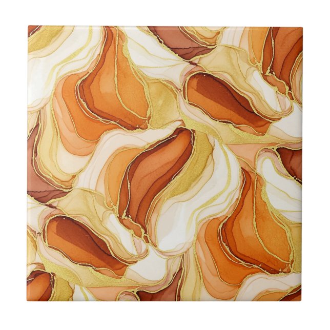 Taupe Gold Fluid Marble Stone Abstract Ceramic Tile (Front)