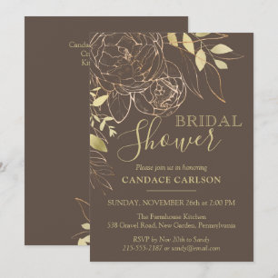 Taupe & Gold Peony Modern Floral Bridal Shower Invitation
