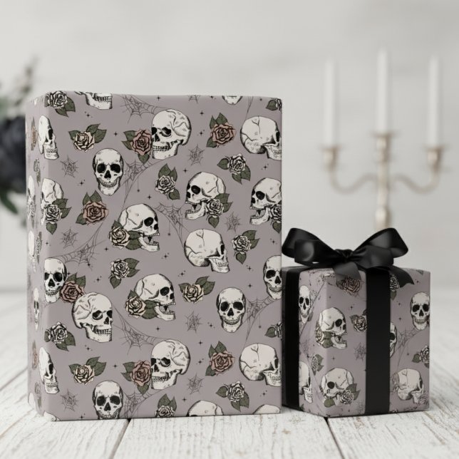 Taupe Gothic Skulls and Roses Floral Wrapping Paper (Taupe Gothic Floral Skull Wrapping Paper. Ornate Hand Drawn Vintage Skulls & Roses in Black Ink)