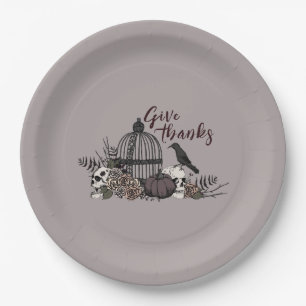 Taupe Gothic Skulls Give Thanks Dinner Party Paper Plate