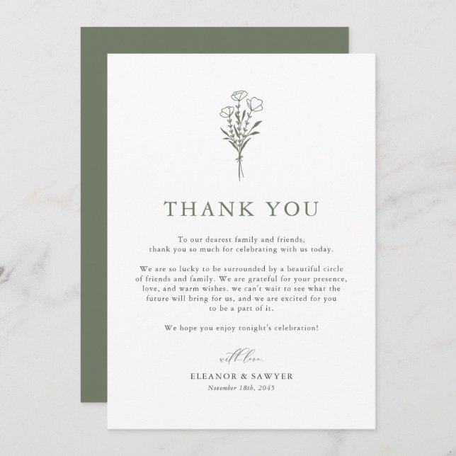 Taupe Green Boho Minimalist Botanicals Wedding Thank You Card (Front/Back)
