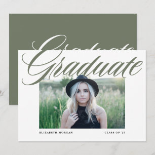 Taupe Green Bold Calligraphy Photo Graduation Invitation