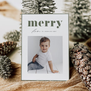 Taupe Green Bold Merry Typography Photo Christmas Holiday Card