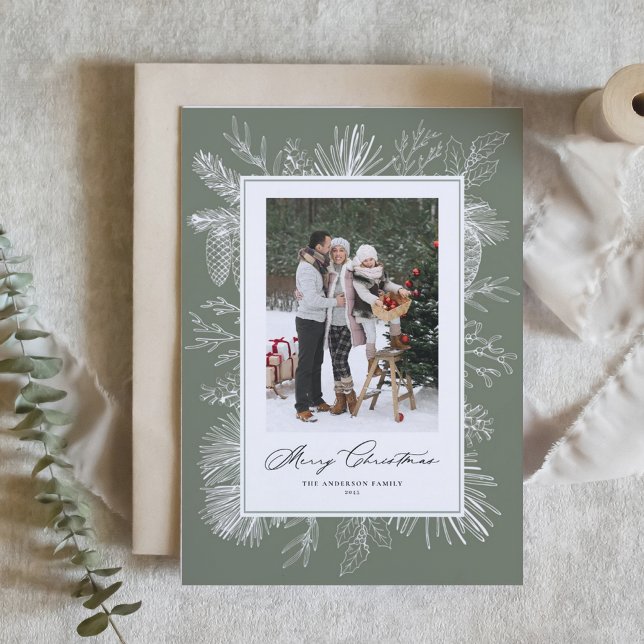 Taupe Green Botanical Frame Photo Christmas Holiday Card (Creator Uploaded)