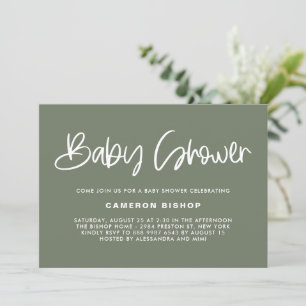 Taupe Green Cute Modern Calligraphy Baby Shower Invitation