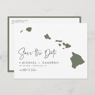 Taupe Green Hawaii State Map QR Code Save the Date Announcement Postcard