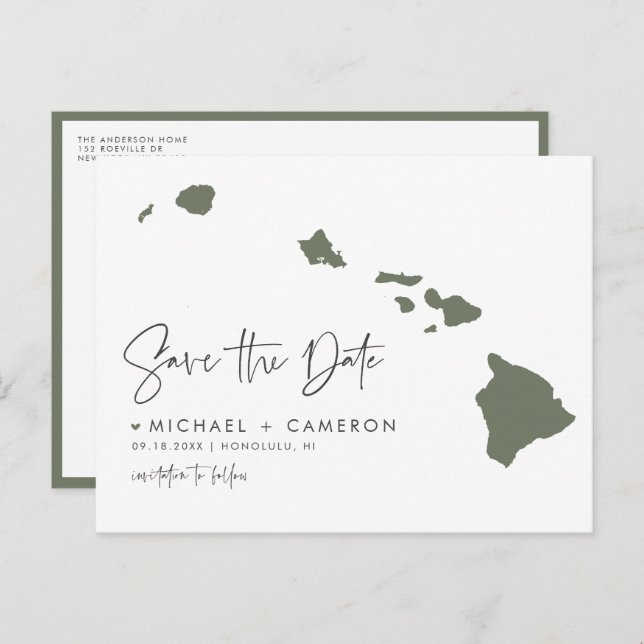 Taupe Green Hawaii State Map QR Code Save the Date Announcement Postcard (Front/Back)