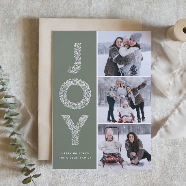 Taupe Green JOY Foliage Lettering Photo Collage Holiday Card (Celebrate the season with our customizable three photo collage Christmas card.)