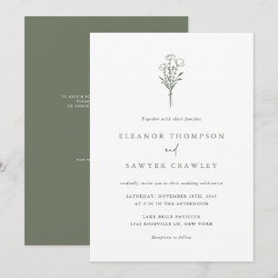 Taupe Green Minimalist Bouquet QR Code Wedding Invitation