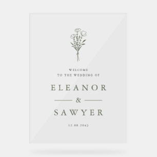 Taupe Green Minimalist Floral Bouquet Wedding Acrylic Sign