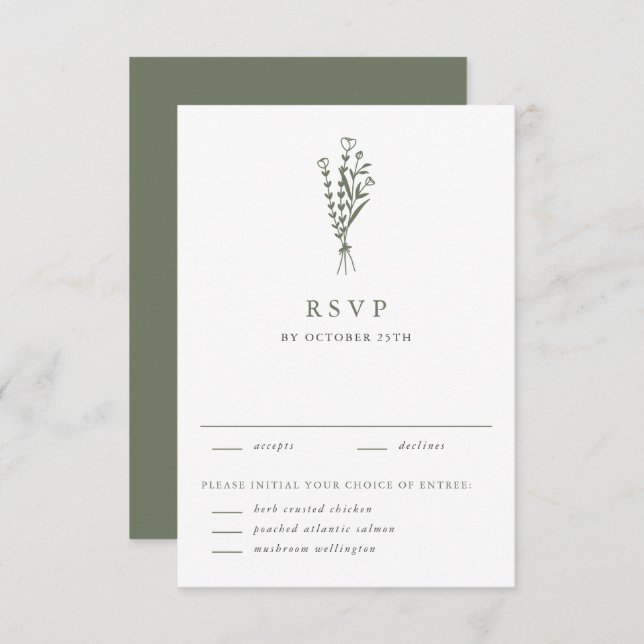 Taupe Green Minimalist Floral Bouquet Wedding RSVP Card (Front/Back)
