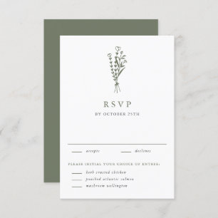 Taupe Green Minimalist Floral Bouquet Wedding RSVP Card