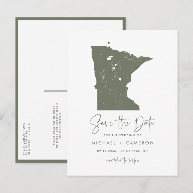 Taupe Green Minnesota Map QR Code Save the Date Announcement Postcard (Front/Back)
