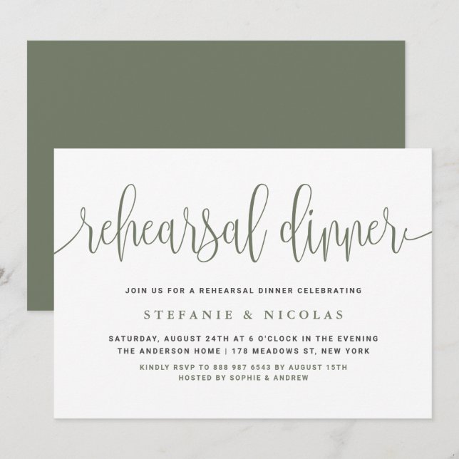 Taupe Green Pretty Calligraphy Rehearsal Dinner Invitation (Front/Back)