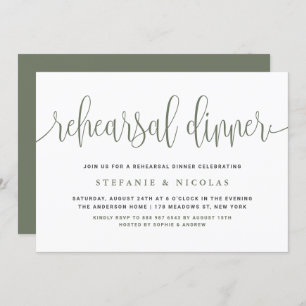 Taupe Green Pretty Calligraphy Rehearsal Dinner Invitation