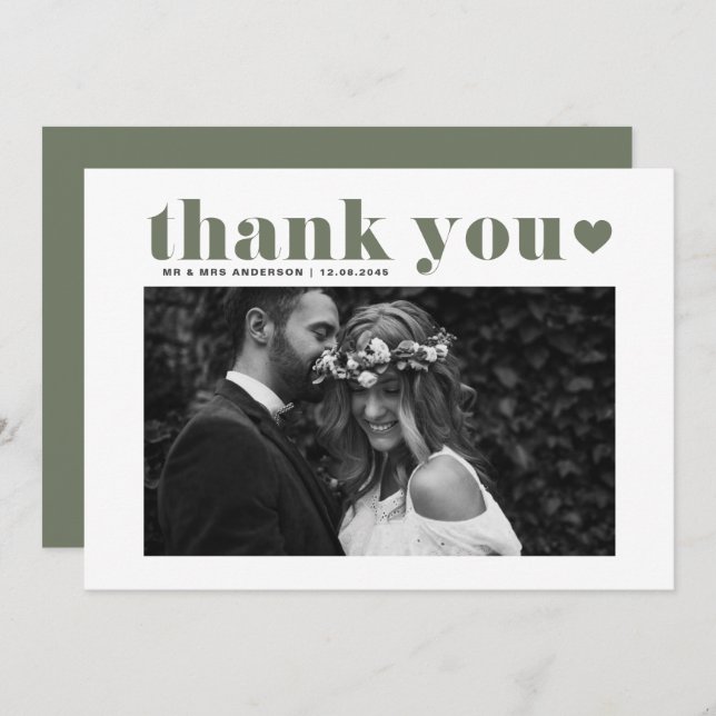 Taupe Green Retro Bold Typography Photo Wedding Thank You Card (Front/Back)