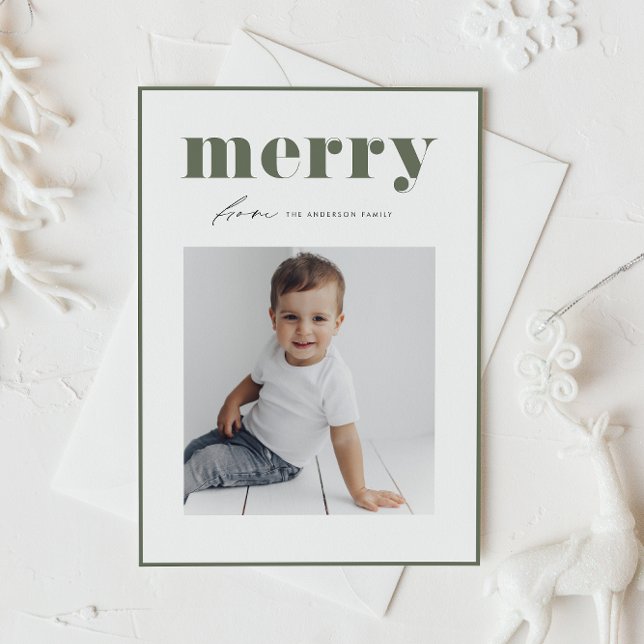 Taupe Green Retro Merry Typography Photo Christmas Holiday Postcard (Celebrate the holidays with this photo postcard featuring bold taupe green "merry" retro lettering.)