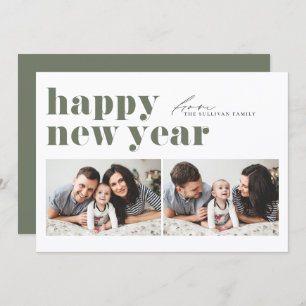 Taupe Green Retro Typography Photo Happy New Year Holiday Card
